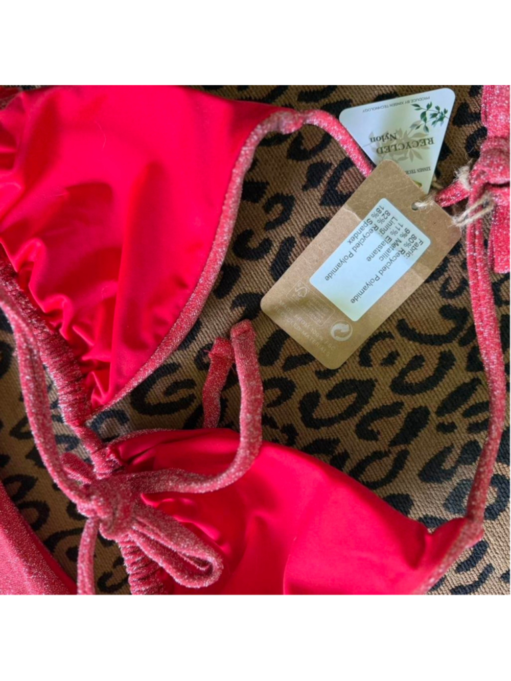NWT Berlook Red Lurex Halter Triangle Bikini Top and Tie Bottoms - Picture 7 of 8